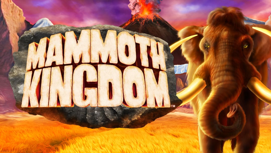 The Mammoth Kingdom online slot game loading screen featuring the game logo, a Wooly Mammoth, and a volcano in the background.