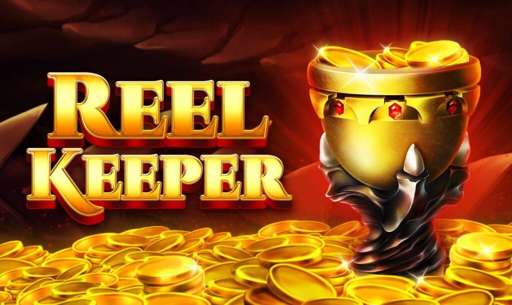 The loading screen of the Reel Keeper online slot game featuring the game title, a golden cup surrounded with gold coins, and a dragon's teeth in the background.