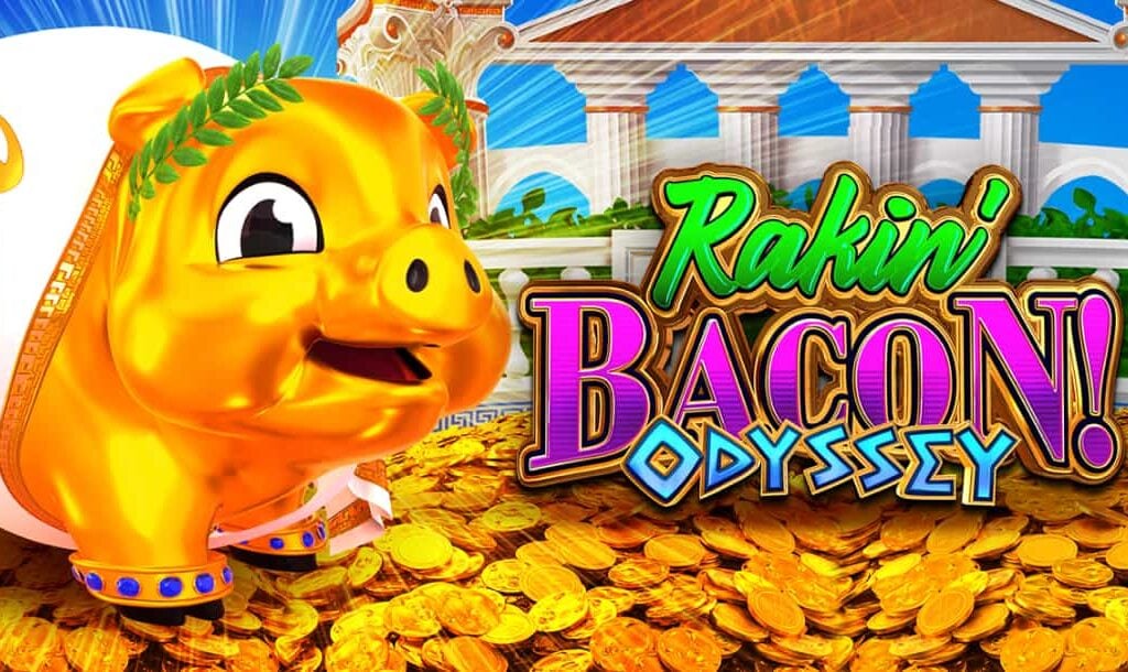 The title screen for the Rakin’ Bacon Odyssey slot game. Cornsquealius the pig stands on a pile of gold coins next to the game logo. In the background is an ancient Greek temple with white stone walls and arches between each pillar.