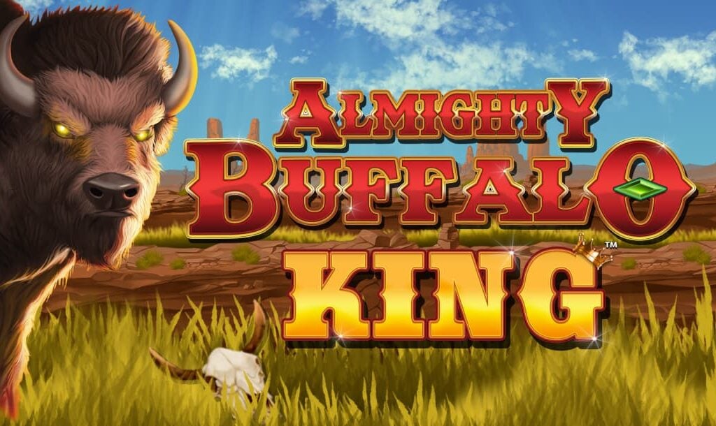 The loading screen of the Almighty Buffalo King online slot game featuring the game title, a buffalo, and a desert-type setting in the background.