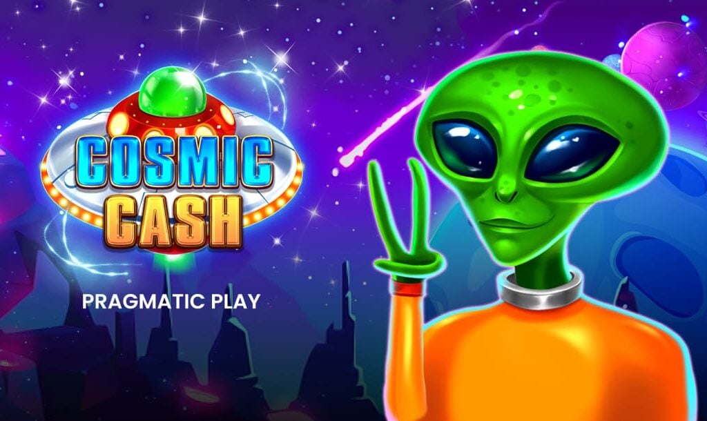 The loading screen of the Cosmic Cash online slot game featuring the game logo and a green alien, with a sky full of stars and planets in the background.