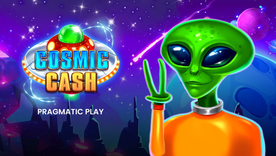 The loading screen of the Cosmic Cash online slot game featuring the game logo and a green alien, with a sky full of stars and planets in the background.