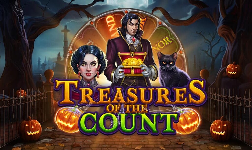 The Treasures of the Count online slot game loading screen featuring the game logo, characters from the game, and jack-o-lanterns, with a spooky graveyard background.