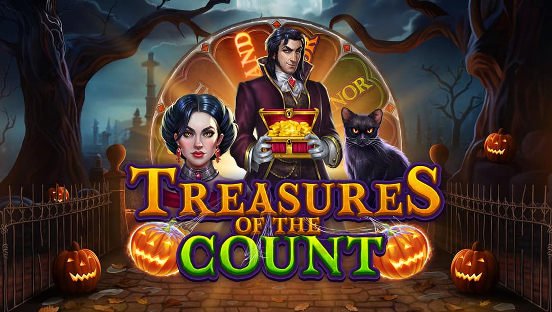 The Treasures of the Count online slot game loading screen featuring the game logo, characters from the game, and jack-o-lanterns, with a spooky graveyard background.