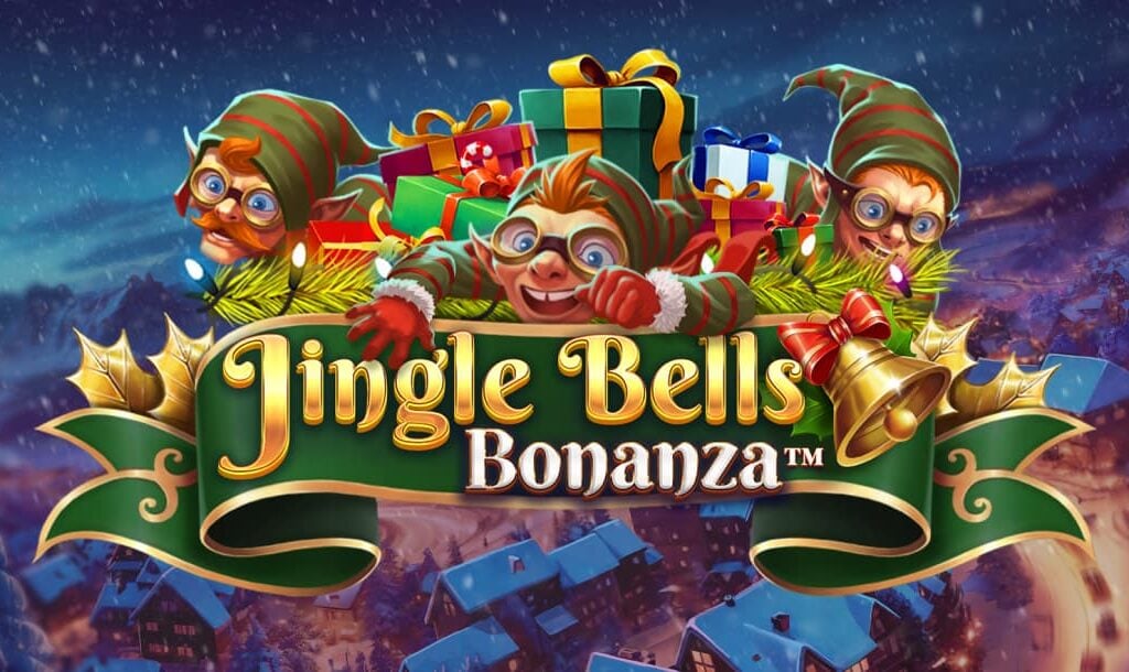 The Jingle Bells Bonanza online slot game loading screen featuring the game logo, three elves, and gifts, with Santa’s village in the background.