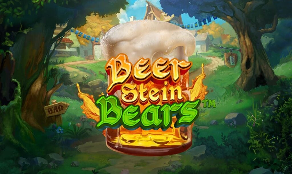 Loading screen of the Beer Stein Bears online slot game featuring the game logo and a forest setting in the background.