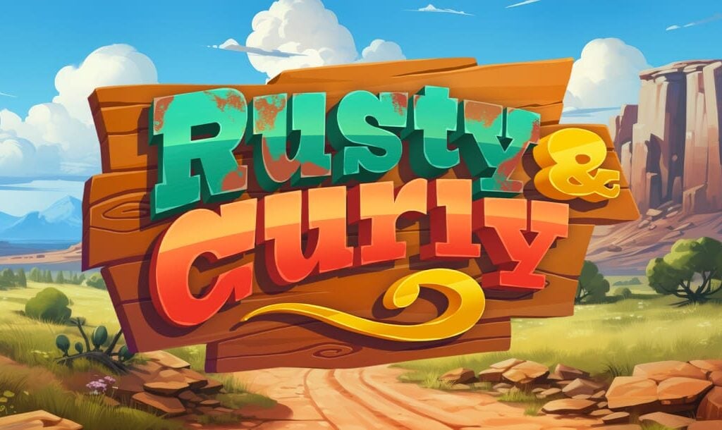 The Rusty and Curly online slot game loading screen featuring the game logo with a prairie landscape in the background.