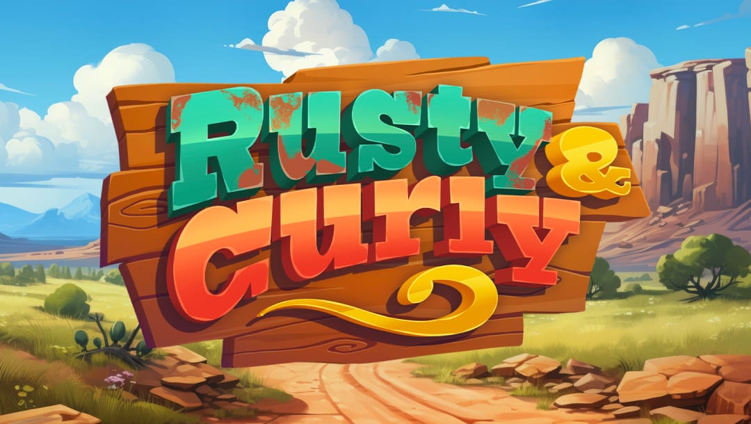 The Rusty and Curly online slot game loading screen featuring the game logo with a prairie landscape in the background.