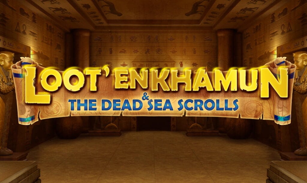 The Loot'EnKhamun and the Dead Sea Scrolls online slot game loading screen featuring the game logo and an Egyptian tomb room.