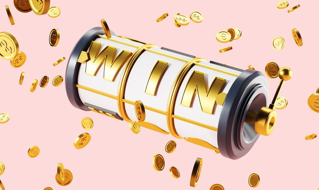 The word “Win” spelled out on a single-row, three-reel slot with a gold lever and black frame. This appears on a pale pink background with gold coins scattered around the image.