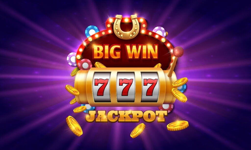 A vector image of a big win on a jackpot slot wheel with gold coins coming out of the slot wheel, with a purple gradient in the background.