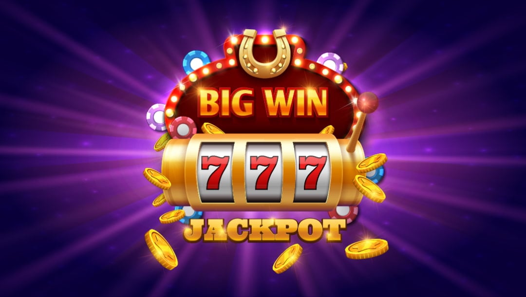 A vector image of a big win on a jackpot slot wheel with gold coins coming out of the slot wheel, with a purple gradient in the background.