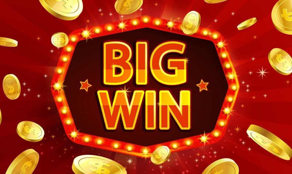 A vector image with the words “Big Win” on a red sign framed by small lights. This sign appears on a red background with several gold coins scattered around it.