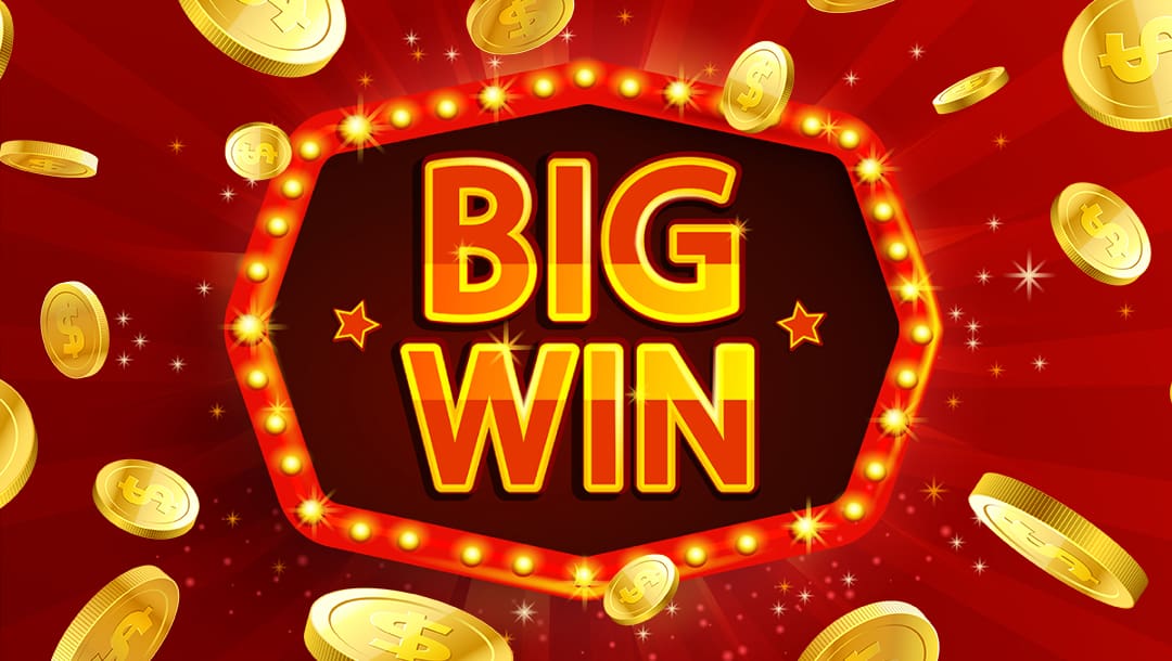 A vector image with the words “Big Win” on a red sign framed by small lights. This sign appears on a red background with several gold coins scattered around it.