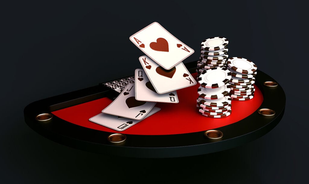 A vector image showing stacks of white and red casino chips and playing cards on a black and red baccarat table. The background is plain black.