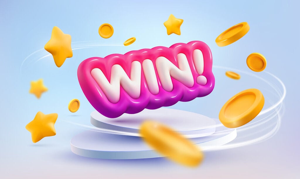 The word “Win” in graphic white letters with a pink-purple frame. The text looks blown up like a balloon and is surrounded by gold coins and stars.