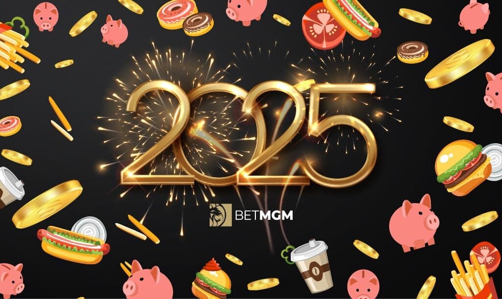 The year number 2025 on a dark background with fireworks, coffee, and hamburger icons.