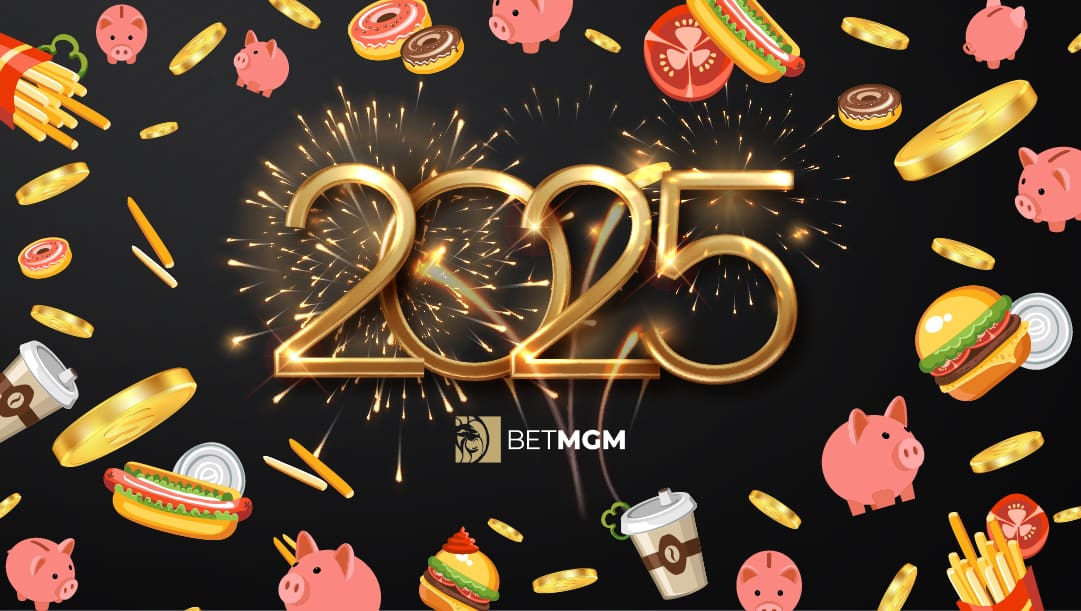 The year number 2025 on a dark background with fireworks, coffee, and hamburger icons.