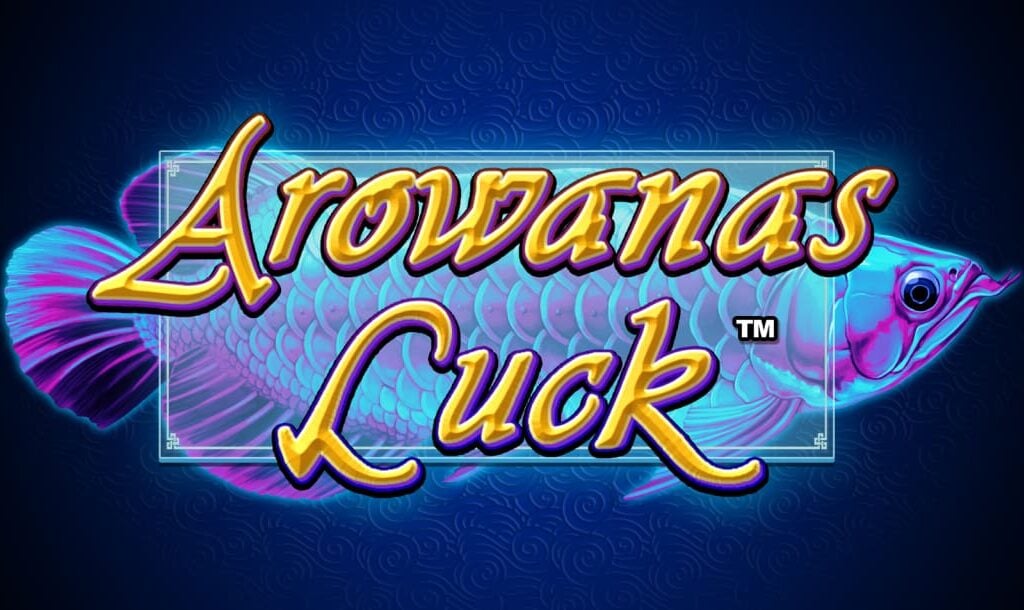 The Arowanas Luck online slot game featuring the game logo and a neon fish in the background.