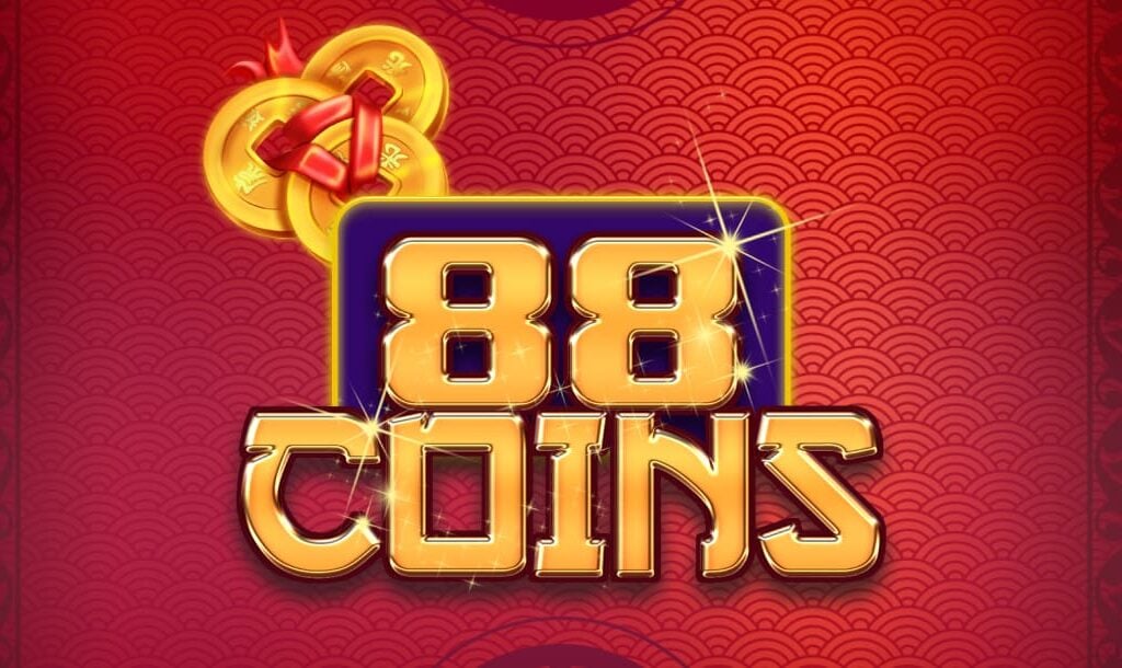 The 88 Coins online slot game loading screen featuring the game logo, and three gold coins on a red background.