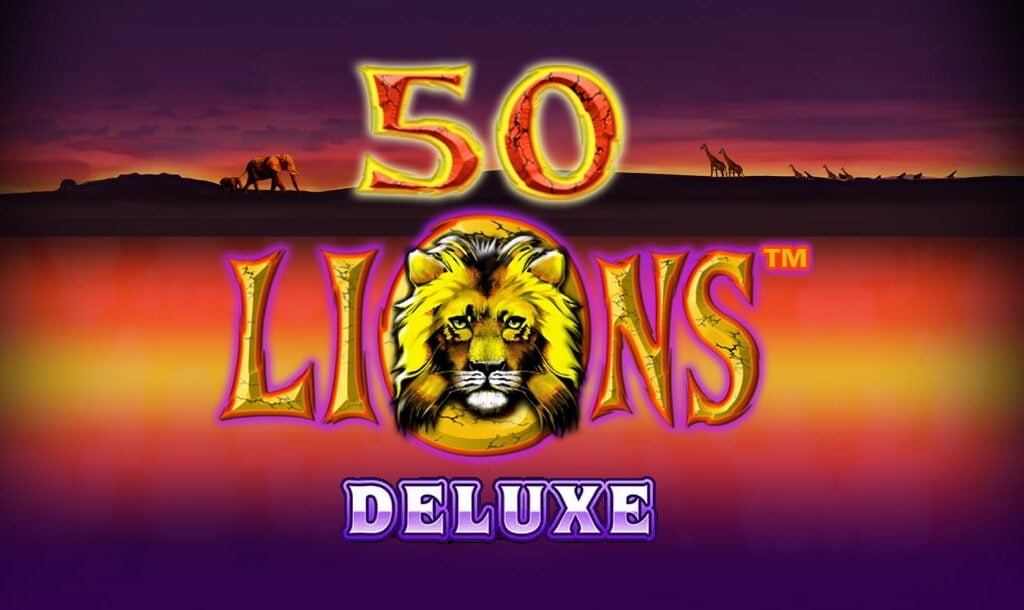 Loading screen of the 50 Lions Deluxe online casino game featuring the game logo, with a vibrant African sunset in the background.