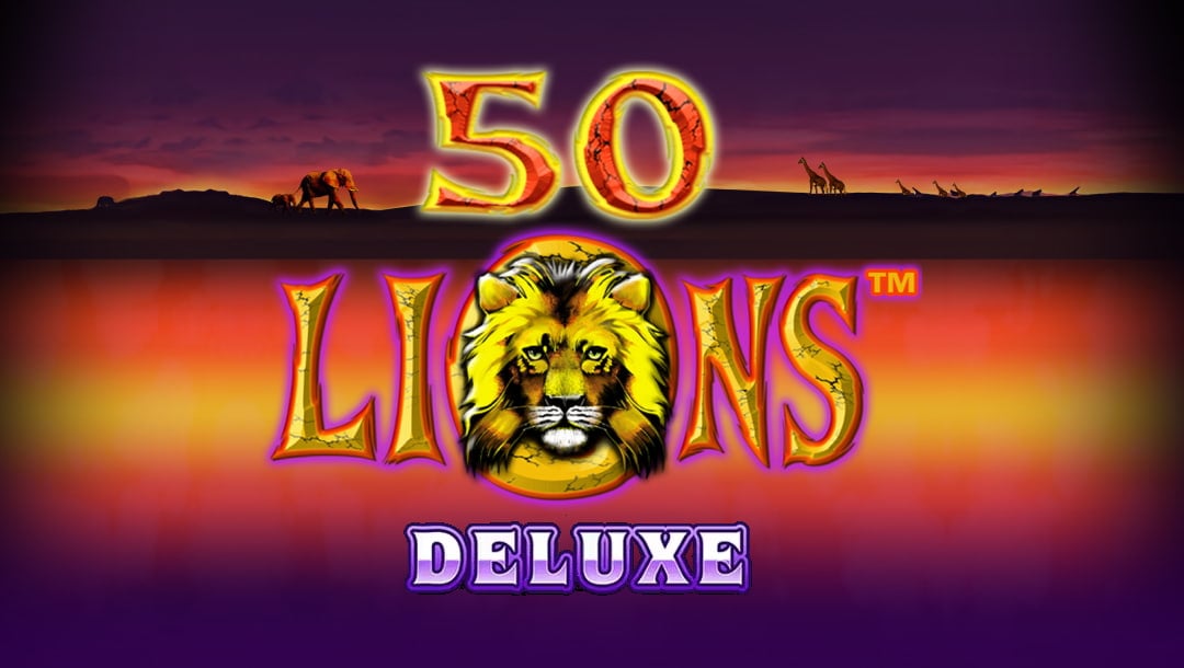 Loading screen of the 50 Lions Deluxe online casino game featuring the game logo, with a vibrant African sunset in the background.