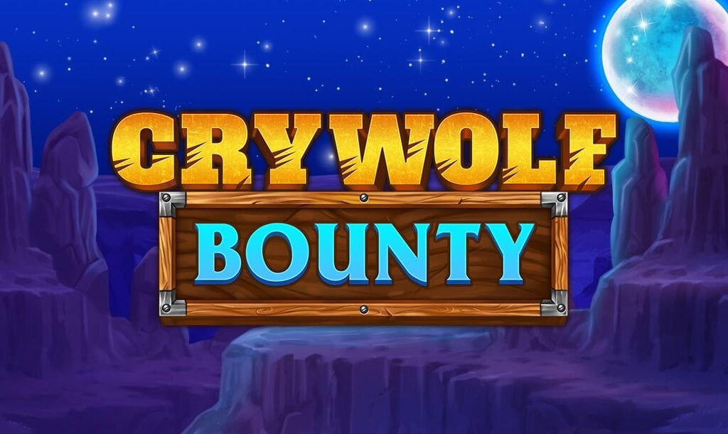 The Cry Wolf Bounty title screen. The background is an American desert at night with a star-filled sky. A moon is seen above the mountain peaks. In the foreground is the game title “Cry Wolf Bounty” in two fonts.