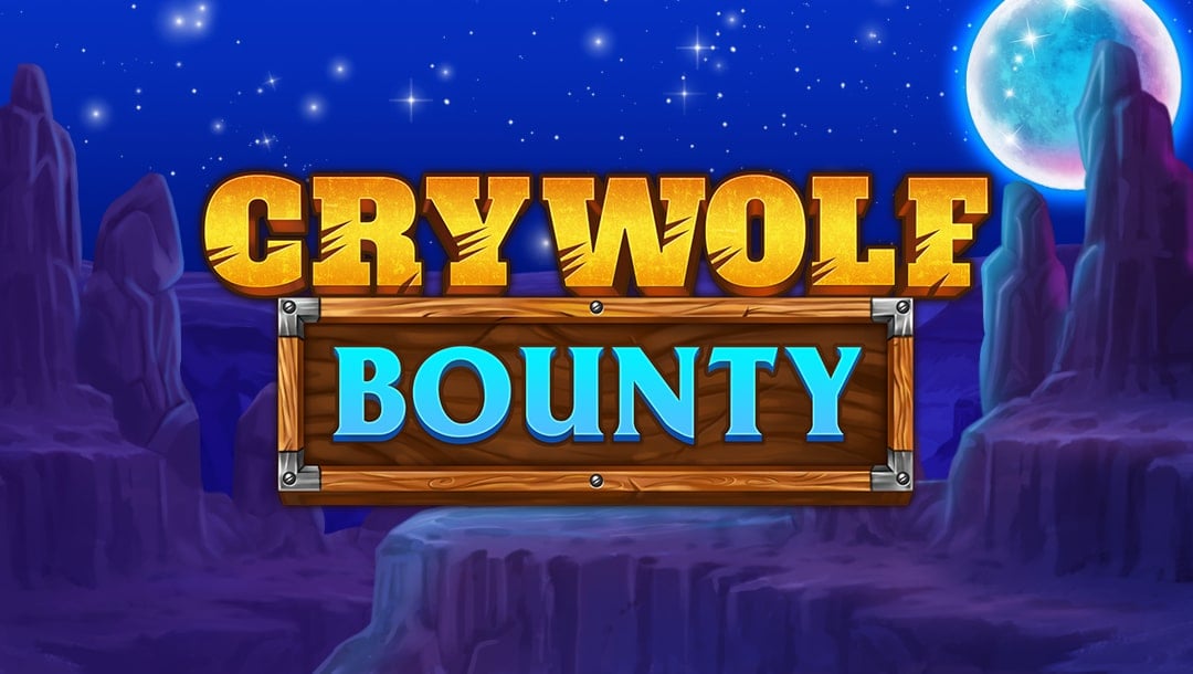 The Cry Wolf Bounty title screen. The background is an American desert at night with a star-filled sky. A moon is seen above the mountain peaks. In the foreground is the game title “Cry Wolf Bounty” in two fonts.