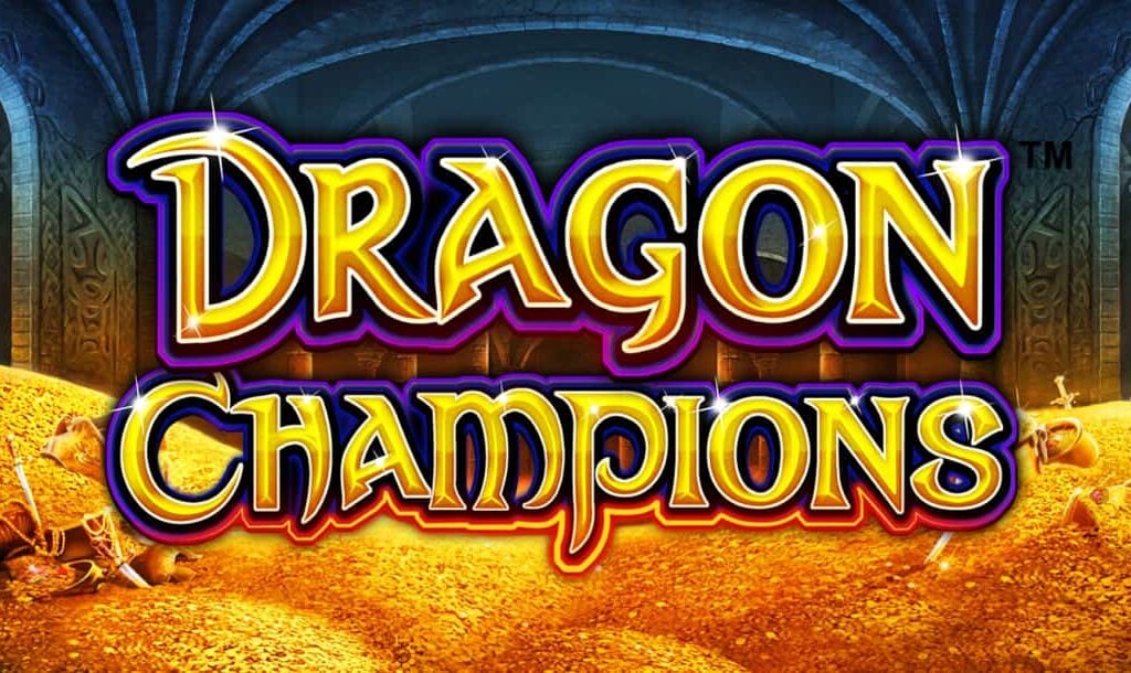 The Dragon Champions online slot game loading screen featuring the game name, and room in a medieval castle filled with gold and treasure is seen in the background.