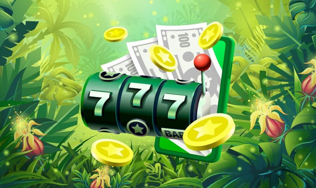 A concept image for jungle-themed slots. A simple 3-reel slot is coming out of a vector rendering of a smartphone, along with cash. The background is a collection of green plants, grass, and glowing flowers.