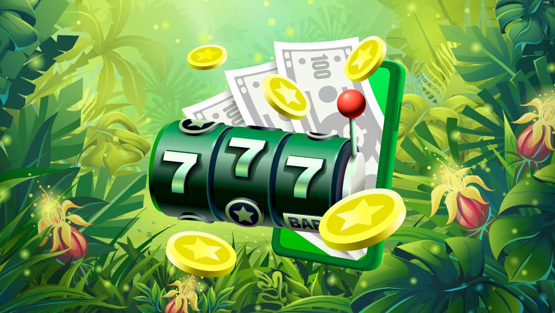 A concept image for jungle-themed slots. A simple 3-reel slot is coming out of a vector rendering of a smartphone, along with cash. The background is a collection of green plants, grass, and glowing flowers.