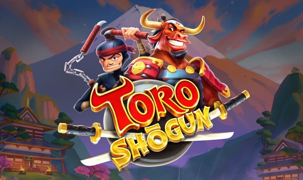 The Toro Shogun title screen. The background is Mount Fuji with traditional Japanese buildings below it. In the foreground is the Toro Shogun logo. The logo features the mascot Toro in Japanese samurai armor as well as Toro’s rival, the Matador, in a dark ninja outfit wielding nunchucks. There are two crossed samurai swords below the game’s title.