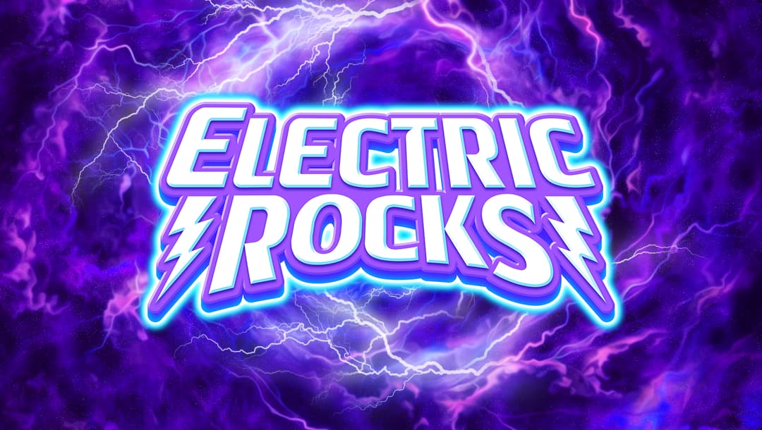 The Electric Rocks title screen. The background consists of swirling purple clouds with lightning in the center of a storm. In the foreground is the game title “Electric Rocks” in a bold font with a bright blue highlight around it.