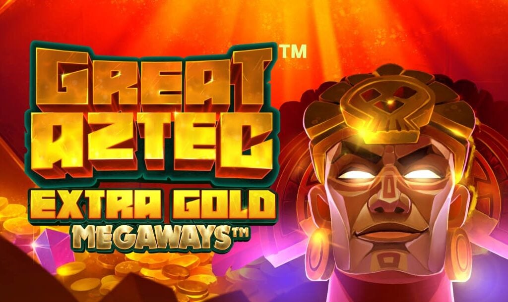 The title screen for Great Aztec Extra Gold Megaways. The background features yellow, orange, red, and purple light, piles of coins and gems, and the face of Montezuma wearing a golden headdress. In the foreground is the game title Great Aztec Extra Gold Megaways.