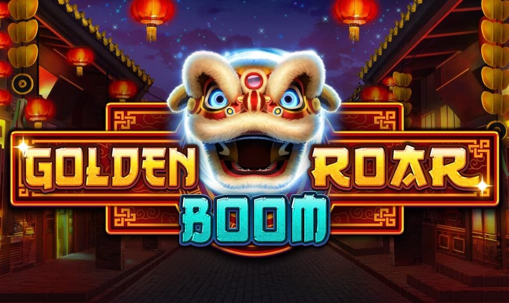 The Golden Roar Boom title screen. The background is a traditional Chinese street with red lights and decorations at night. In the foreground is the game’s title, “Golden Roar Boom.” It features a dragon puppet head in the center of the title.