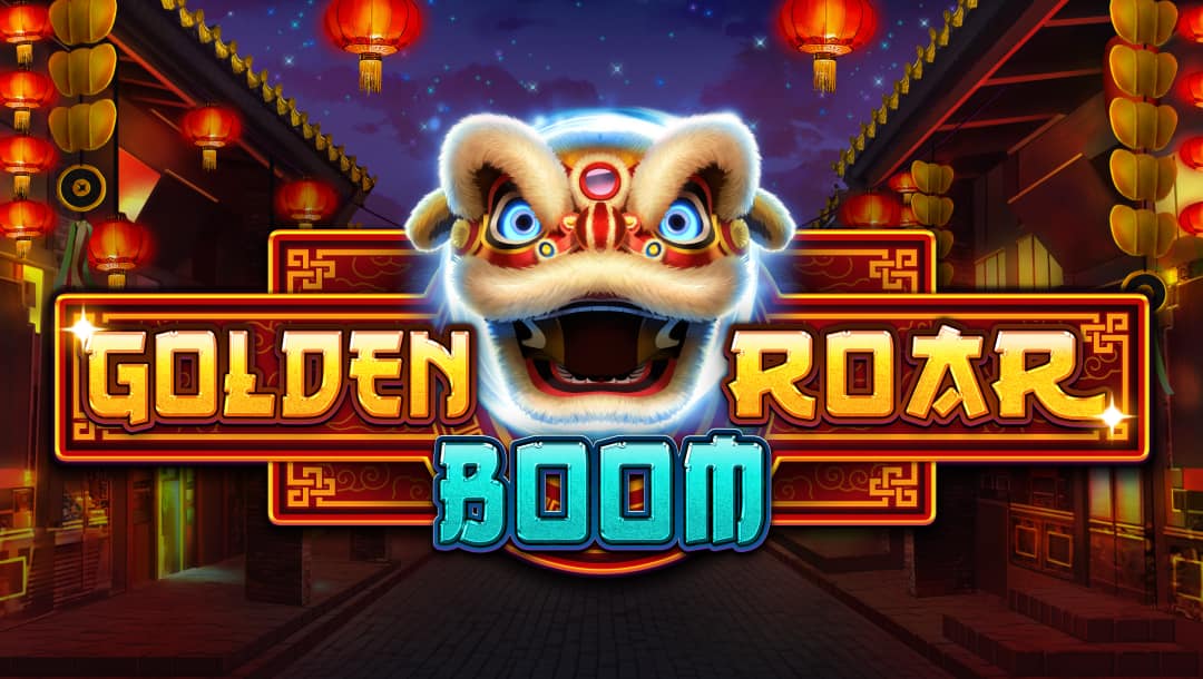 The Golden Roar Boom title screen. The background is a traditional Chinese street with red lights and decorations at night. In the foreground is the game’s title, “Golden Roar Boom.” It features a dragon puppet head in the center of the title.