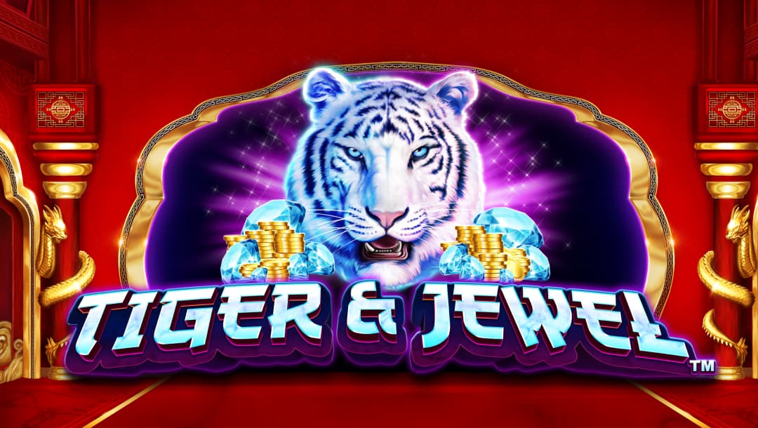 The title screen for Tiger & Jewel. The game logo is made up of a fierce, white tiger surrounded by stacks of gold coins and diamonds. The backdrop is a red room with golden details around the entrances and a pillar on either side of the room each wrapped with a gold dragon.