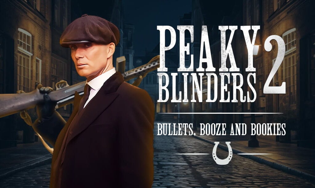 The Peaker Blinders 2: The Shelby Empire title screen. The background is a blue and purple sky with green clouds. On the left is Arthur Shelby lighting a cigar. On the right is Polly Gray. In the center is Thomas Shelby. In the foreground is the game title Peaky Blinders 2: The Shelby Empire.