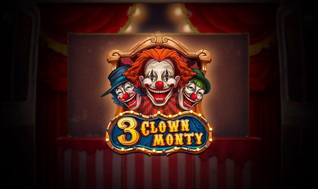 The 3 Clown Monty online slot game loading screen featuring the game logo, three clowns, and a circus tent in the background.