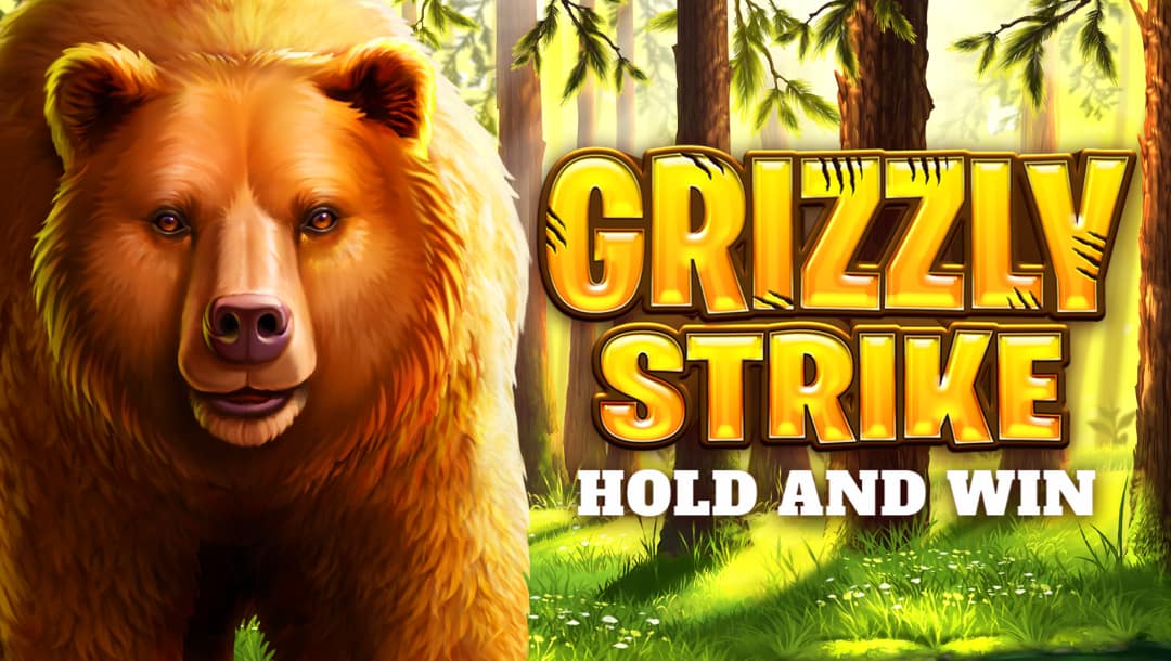 The title screen of the Grizzly Strike slot game. The game title is spelled out in golden letters with claw marks in every letter of the word “Grizzly.” A giant brown bear stands next to the logo, and the background is a stunning forest scene with sunlight shining through the trees.