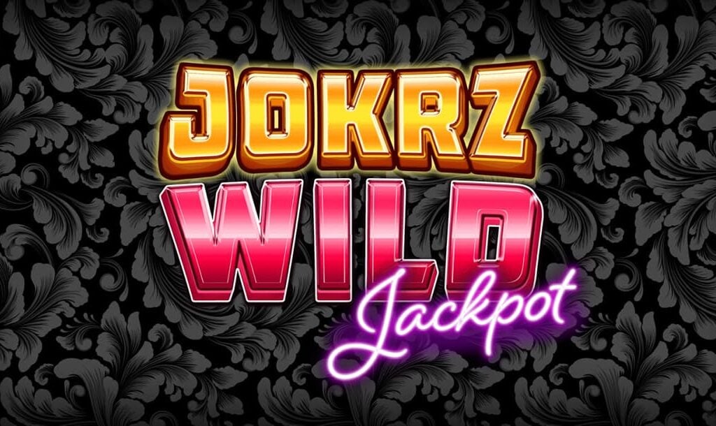 The title screen of Jokrz Wild Jackpot. The game title is written in gold, pink, and neon purple letters. The background consists of barely visible gray flowers.