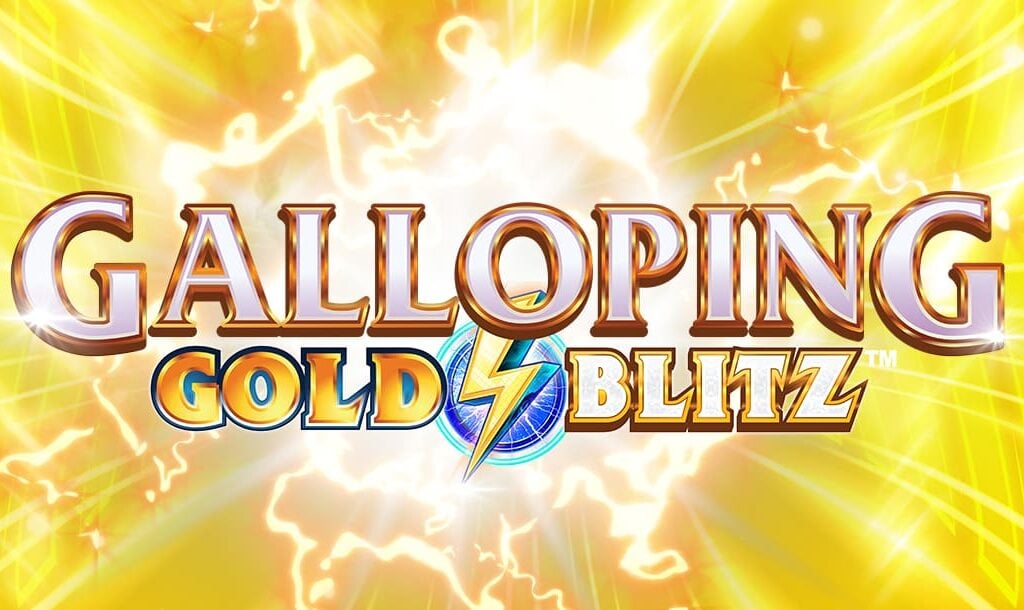 Title screen of the Galloping Gold Blitz slot game featuring the game title displayed against a bright yellow background with lightning effects. Between the words “Gold” and “Blitz”, there’s a lightning bolt symbol on a blue circle.