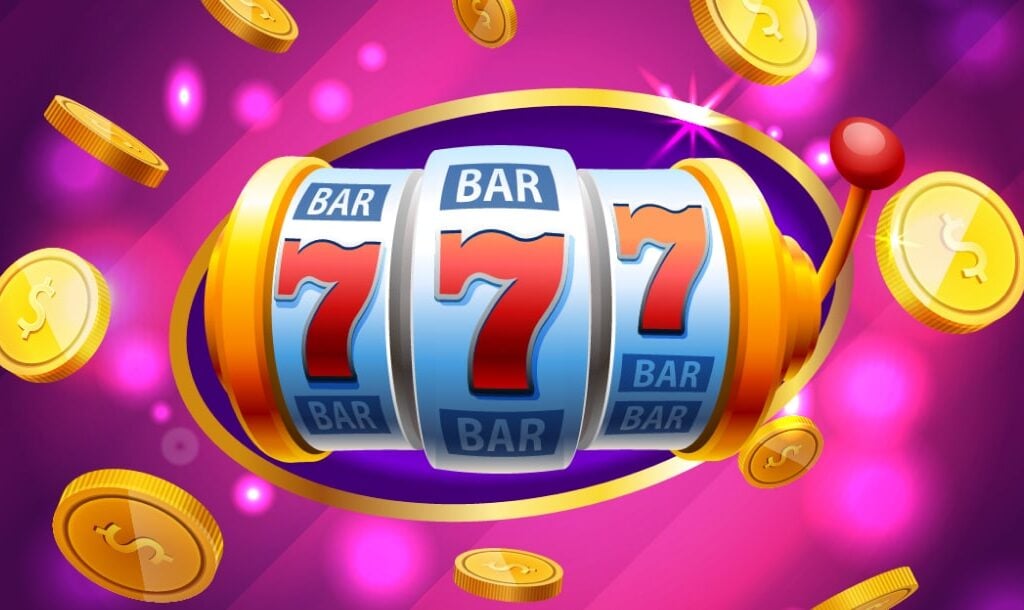 A vector image of a slot wheel showing a triple seven, with coins exploding from the slot wheel on a purple background.