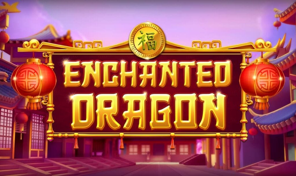 The title screen of the Enchanted Dragon slot game. The title is displayed in gold letters against a burgundy background with a gold frame that has two lanterns hanging from it. Traditional Chinese architecture with pagoda roofs and hanging lanterns sits against a purple-tinted background.